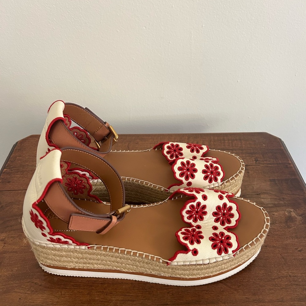 See by Chloe - Red embroidery espadrille platforms.
